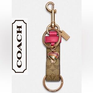Coach Tan and Pink Signature Snap Keychain Heart charm NWT